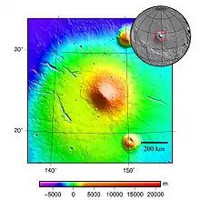 エリシウム山およびその周辺の地形図(マーズ・グローバル・サーベイヤーの火星軌道レーザー高度計の観測データを基に作成)