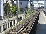 ホーム中間にある羽島線0キロポスト