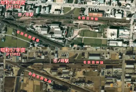 上段が1975年度、下段が1982年度の市ノ坪駅。この間に荒田川の河川改修が実施され、その影響で市ノ坪駅も移設されている。帰属：国土交通省「国土画像情報（カラー空中写真）」配布元：国土地理院地図・空中写真閲覧サービス