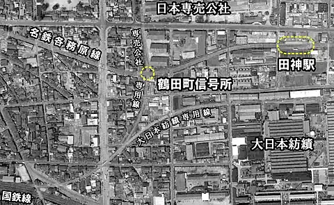 鶴田町信号所とその周辺(1961年)帰属:国土交通省「国土画像情報(カラー空中写真)」配布元:国土地理院地図・空中写真閲覧サービス