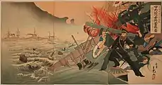 「旅順港第八次海戦 マカロフ中将奮死ノ図」1904年（明治37年）