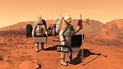 火星にスーツを着た2人のNASAによる気象機器のセットアップのコンセプトアート。