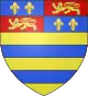 Or, two bars azure a chief quarterly azure and gules; in the 1st and 4th quarters two fleurs-de-lis and in the 2nd and 3rd a lion passant guardant or