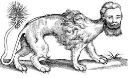 エドワード・トプセル 『四足獣誌』(1607年刊)の「ハイエナ」章の半ばに「マンティコア」名義で掲載されているマンティコアの木版画挿絵。