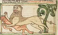 雑録本(大英図書館蔵ハーレー3244写本)所収の動物寓意譚に描かれたマンティコア。1236年から1250年頃にかけて制作された。羊皮紙着彩。ここでは全裸の男がマンティコアに襲い掛かられている。怪物の姿形は、胴と脚がライオンで、肩口から上だけはたてがみのようなフードをかぶったコワモテの男に見えるもの。眼は血走り、歯を剥き出しにした口の中は犠牲者の血の色であろう赤で染まっている。尾は蠍のものであろうか、先端部が棘になっているように見える。
