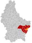 濃灰: 広域行政区、赤: 郡、橙: 市の位置図