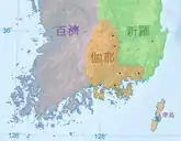 三国時代、4~5世紀半ばの朝鮮半島左は日本の教科書で見られる範囲、右は韓国の教科書で見られる範囲。半島西南部の解釈には諸説がある。