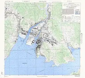 1945年米軍が作成した広地区地図。"Filtration Plant"(石内浄水場)、"Hiro Naval AircraftFactory"(広海軍工廠)などが確認できる。