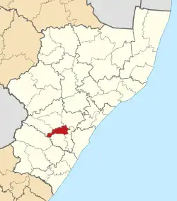 クワズール・ナタール州内のムスンドゥジの位置の位置図