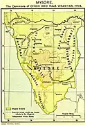 マイソール王国の版図(1704年、チッカ・デーヴァ・ラージャの治世末)