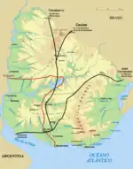 各勢力の進軍経路を示すウルグアイの地図