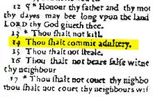 姦淫聖書（1631年）。強調部はThou ſhalt ( = shalt) not commit adultery のnotが脱落している