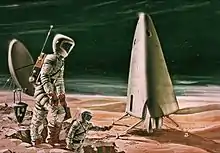 1960年代初頭頃、火星で表面EVAに乗る乗組員のアーティストの概念。背景には火星エクスカーションモジュール（MEM）がある。