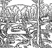 Wolf hunt with hounds, 15世紀の版画 (狼は右上)