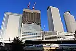 名古屋駅太閤通口から見た東海道新幹線と名駅超高層ビル群(2015年10月8日)