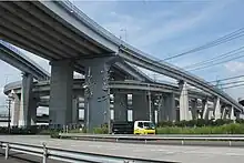 伊勢湾岸道路は愛知県など地元の強い要請によって建設された。このため国は、建設の見返りに費用負担など強い地元協力を要請した。画像左は新宝ふ頭に建設された新宝高架橋で、橋脚部分や東海IC料金所関係施設を除いて、高架下や両端の県道用地の取得費用は愛知県負担となった。画像右は名港潮見ICで、当該ICの建設費用は名古屋市と愛知県が全額負担のうえ、名古屋港管理組合が建設した。
