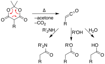 Reaction of the pyrolysis-product ketene with amines, hydroxyl compounds, or water gives amides, esters, or carboxylic acids respectively
