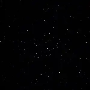 およそ10.0 等までの星を撮った散開星団メロッテ111の画像。画像左上の輝星 (γ) はこの星団には属しておらず、星団と太陽系の中間くらいの位置にある。