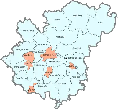 商工会の定義に基づくライン＝マイン地方の都市・郡地図