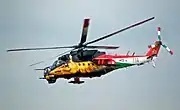 航空ショーにおいて、駻馬を描いた特別塗装で飛行するハンガリー空軍のMi-24V。