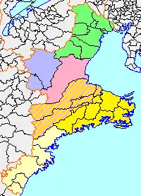 三重県の地域区分
■伊賀 / ■北勢 / ■中勢 / ■東紀州 / ■南勢(伊勢志摩)