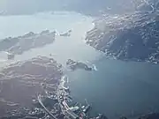 見近島（西瀬戸自動車道伯方・大島大橋の橋脚が立つ島）を空撮