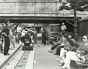 俳優 Mike Chin の映画のためのロケーション撮影。米国カリフォルニア州サンフランシスコのポーツマス・スクウェア(英語版)にあるチャイナタウンにて、1983年撮影。