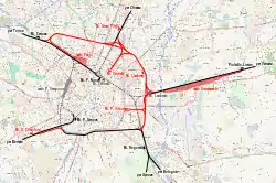 1914年〜1931年に実施された、ミラノ市の鉄道分岐点再編後の路線図。