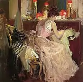 ランプの明かりで縫物 (c.1900)