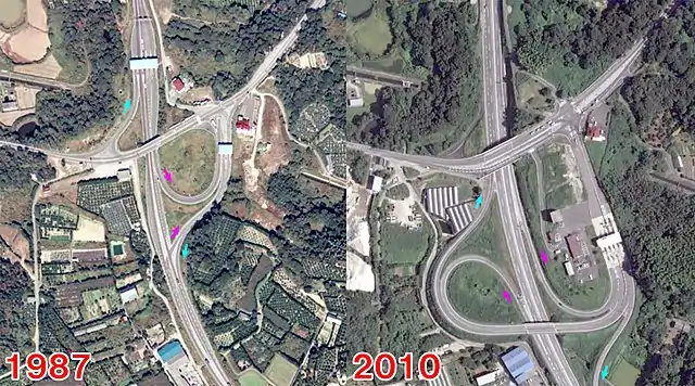 南知多ICの変遷（1987年、2010年）。ランプウェイ変更により平面交差が解消された。帰属：国土交通省「国土画像情報（カラー空中写真）」配布元：国土地理院地図・空中写真閲覧サービス