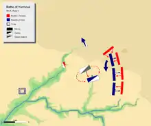 day 6 phase 2, showing khalid's two prong attack on Byzantine cavalry, and Muslim right wing flanking attack on Byzantine left center.