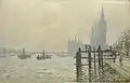 『国会議事堂下のテムズ川』1871年ごろ。油彩、キャンバス、47 × 73 cm。ナショナル・ギャラリー(ロンドン)(W166)。