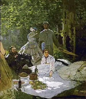 『草上の昼食』1865 - 66年(中央の断片)。油彩、キャンバス、248 × 217 cm。オルセー美術館(W63b)。