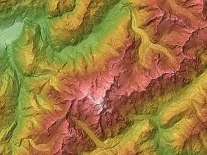 モンブラン周辺の地形図。シャモニー渓谷は上の谷