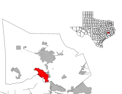 テキサス州におけるモンゴメリー郡（右上図）と同郡におけるザ・ウッドランズの位置