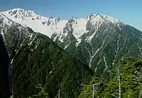 北東の茶臼山から望む木曽前岳（左）と麦草岳（右）