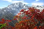 中遠見山から望む秋の鹿島槍ヶ岳とナナカマドの紅葉、中央は「カクネ里」のカール地形