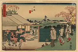 (6)向嶋之図 平岩「狂句合 うしほ平岩だと誉る飲み仲間 扇松」