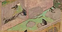 第四段 公（朝廷）が主催する、敦成親王誕生第七夜の産養。御帳台に臥す中宮（左端）と控える女房たち（画面の変色が著しい）。