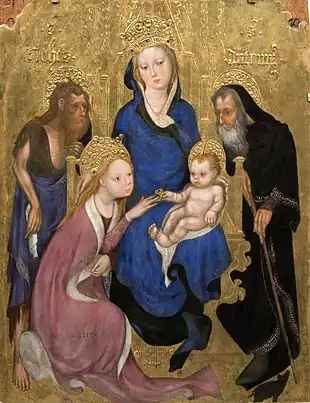『聖カタリナの神秘の結婚』（The Mystic Marriage of St Catherine）, ミケリーノ・ダ・ベソッツォ,1420年頃 （シエナ国立美術館蔵）。