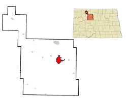 ノースダコタ州におけるウォード郡(右上図)とマイノットの位置の位置図