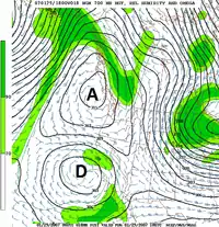 双極型の例(700mb高層天気図)。A が高気圧、D が低気圧