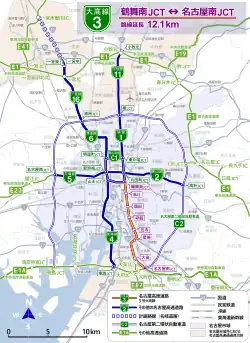 名古屋高速と周辺有料道路のルート図。青線が名古屋高速。大高線はオレンジに着色。