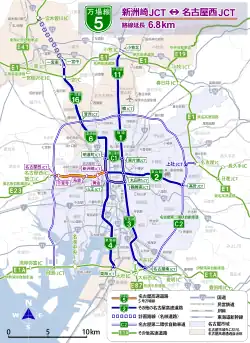 名古屋高速と周辺有料道路のルート図。青線が名古屋高速でオレンジ線が万場線。