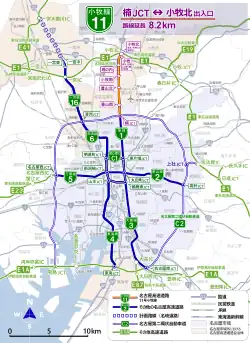 名古屋高速と周辺有料道路のルート図。青線が名古屋高速で、そのうちのオレンジ線が11号小牧線。