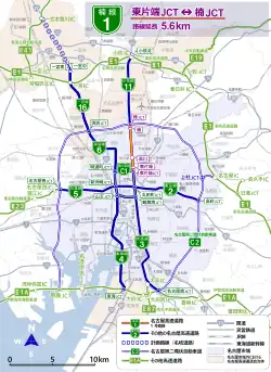 名古屋高速と周辺有料道路のルート図。青線が名古屋高速。1号楠線はオレンジ線。