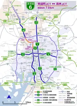 名古屋高速と周辺有料道路のルート図。青線が名古屋高速。オレンジ線が6号清須線。