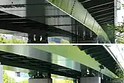 上部工箱桁のボルト締めによる継手あり（上）と現場溶接による継手なし（下）の比較