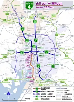 名古屋高速と周辺有料道路のルート図。青線が名古屋高速、オレンジ線が4号東海線。