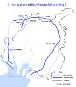 左図:1957年9月の都市計画決定時点における環状2号の原初の姿。名古屋市の都市計画のため市域内のみで決定している。各路線が将来、市域外でつなぎ合わされた時に環状道路となるように考慮している。
右図:1965年の都市計画決定時点における環状2号。名古屋市域に緑区と守山区を加えたことで新たな路線を追加した。市域外でも路線を追加している。内側に計画された路線の一部はのちに愛知県道59号名古屋中環状線などに転用されている。既にこの時点ではルート変更が確定しており、名古屋港横断も視野に入っている。よって右図は初期構想の終末期の姿である。